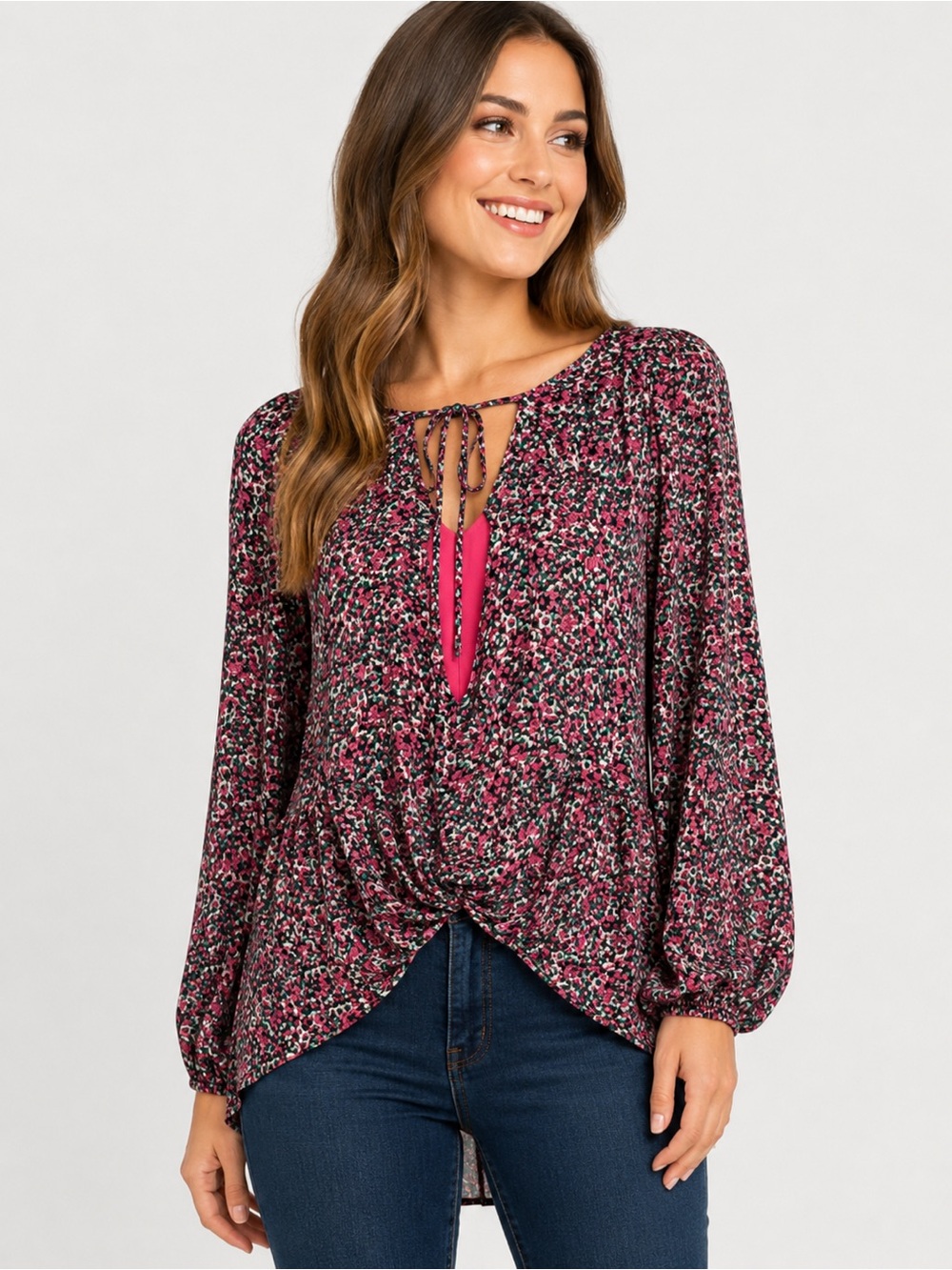 Rakoko Floral Twist Front Blouse Pink Long Sleeve Keyhole Top unique Size S